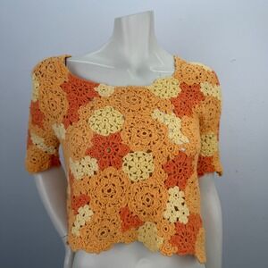 Vintage Handmade Tangerine Floral Print Crochet Top Boho Hippie Womens Sz Small